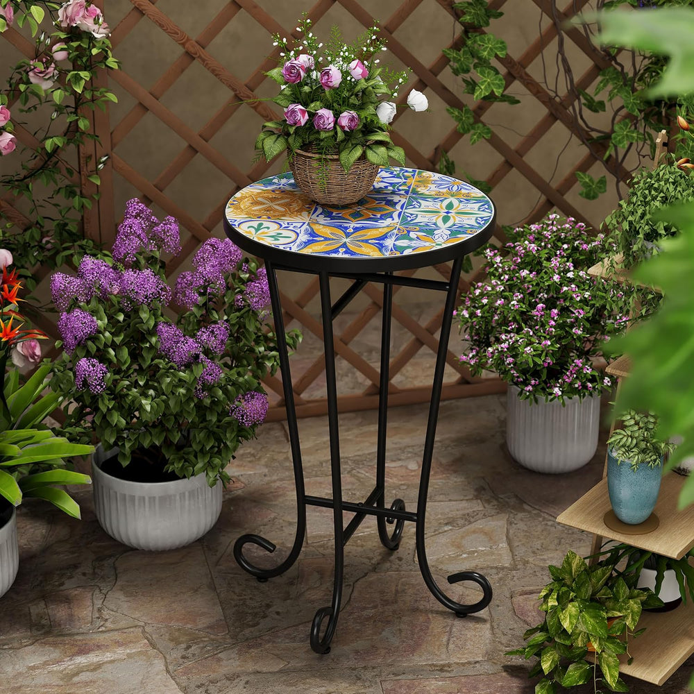 Outdoor Round Side Table,Ceramic Top Patio End Table with Metal Frame,Modern ...