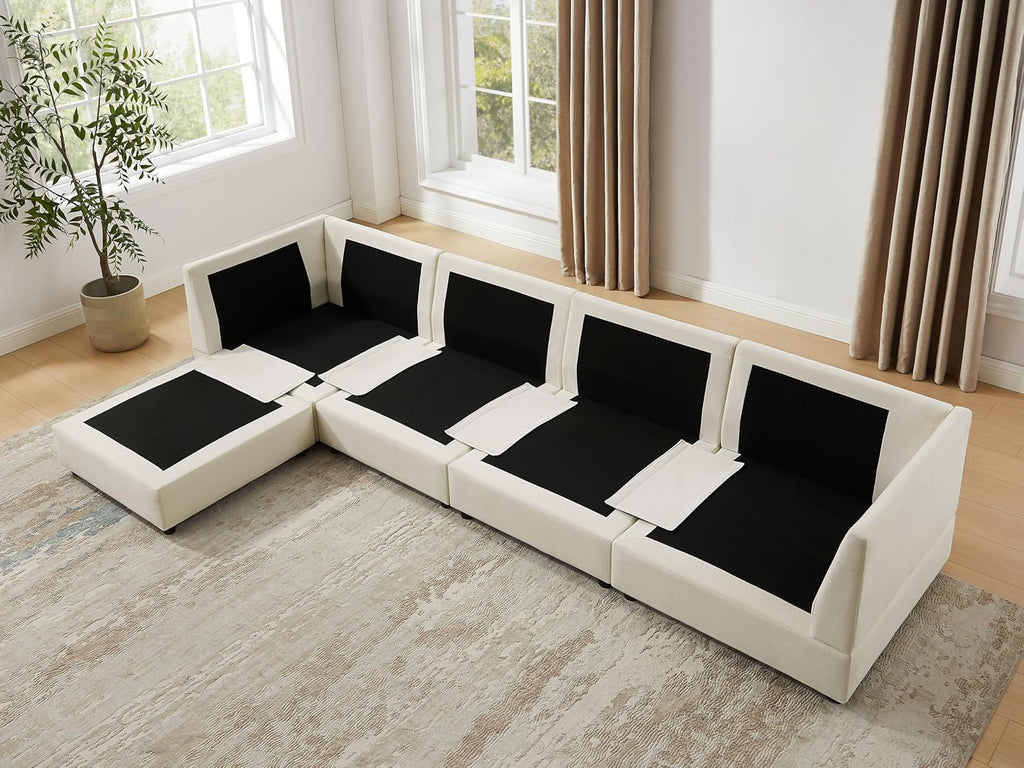 98" Cloud Modular Sectional Sofa Couches with Ottoman, Ivory White | Oversized Modern Sleeper Sofa with Deep Seat Double-Layer Thick Cushion, Convertible Upholstered Sofa Set for Living Room