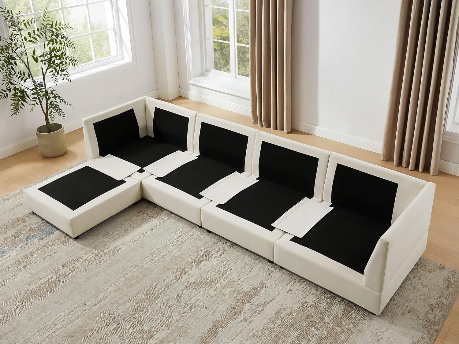 98" Cloud Modular Sectional Sofa Couches with Ottoman, Ivory White | Oversized Modern Sleeper Sofa with Deep Seat Double-Layer Thick Cushion, Convertible Upholstered Sofa Set for Living Room