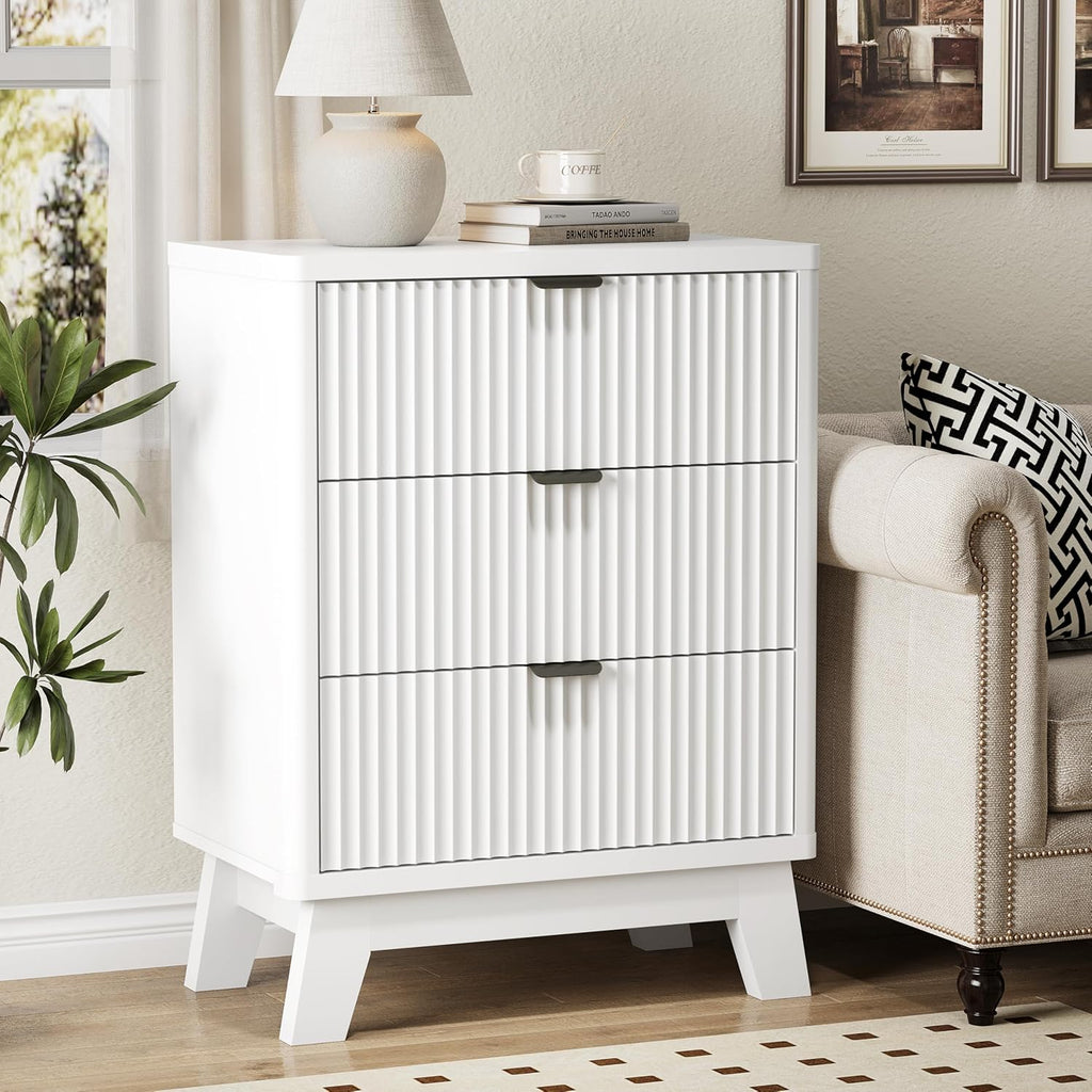 Fluted Nightstand with 3 Storage Drawers, 24" Wide Wood Bedside Table with Mental Handle, Mid Century Modern Wooden Side Table Night Stand, Curved End Table for Bedroom, Living Room, White
