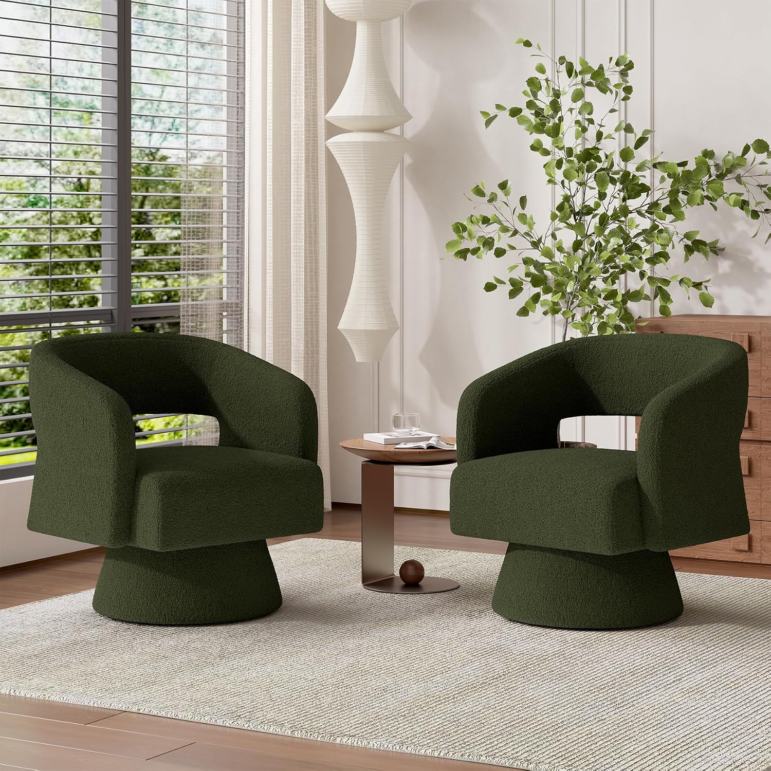 Luxanimarion Swivel Barrel Accent Chair Set of 2,Oversized Teddy Upholstered Round Swivel Chairs,Modern Luxury 360 Degree Living Room Vanity Chair for Bedroom Office,Green,2PCS