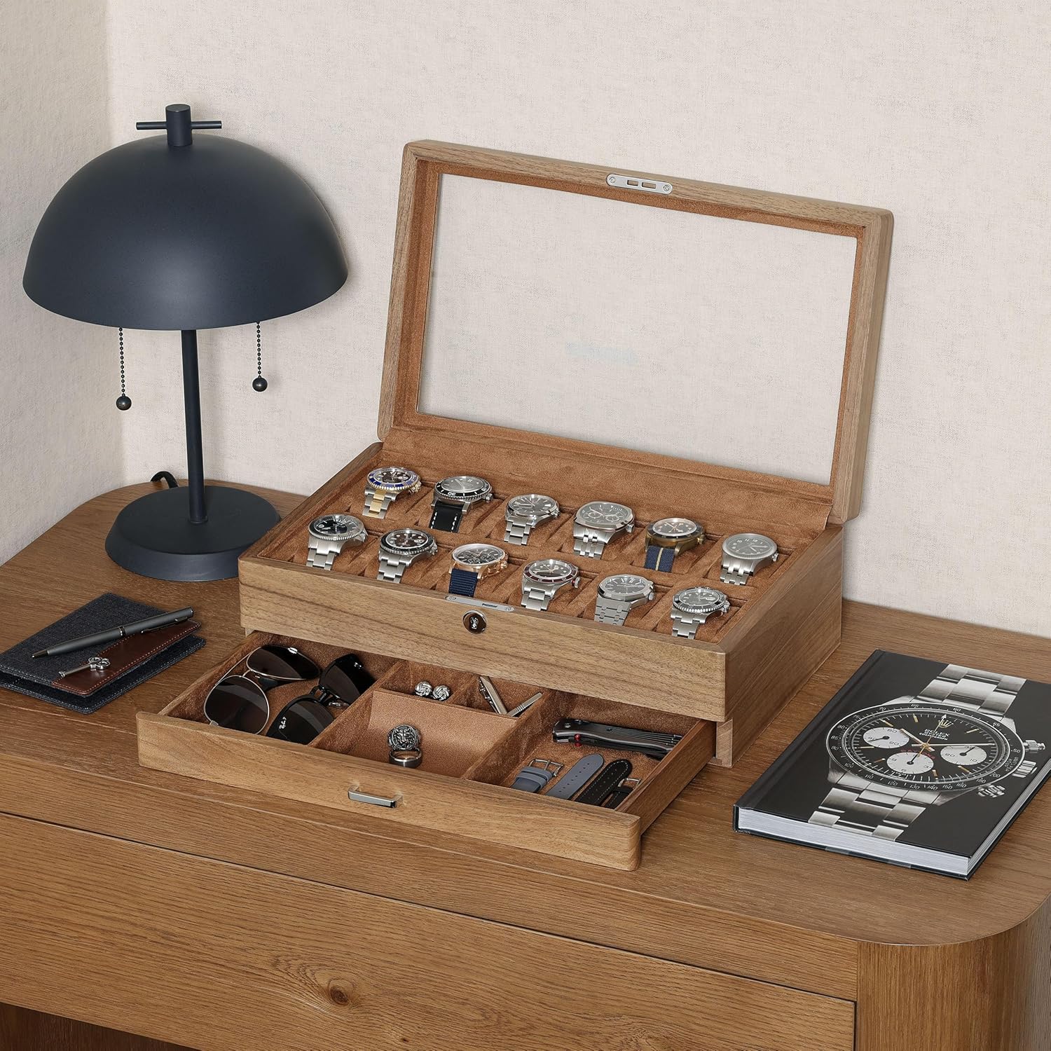 ROTHWELL 12-Slot Solid Walnut Watch Box with Valet Drawer - Premium Jewelry Display Case Organizer with Locking Glass Top and Microsuede Liner for Men & Women (Tan Interior)