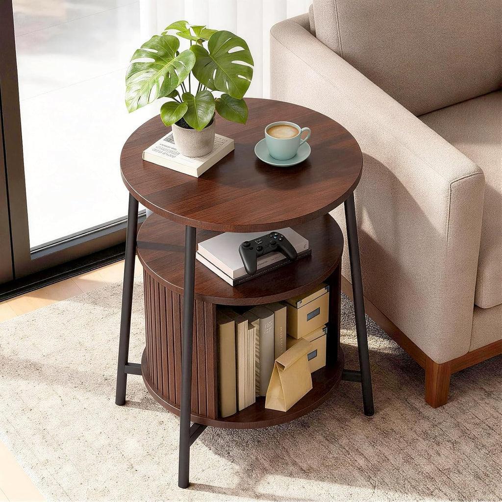 DHH Round End Tables with Charging Station, Fluted Accent Side Table with Sliding Door, Mid-Century Modern Nightstand for Small Space Storage, Living Room, Bedroom,Sofa Couch(1, Walnut)