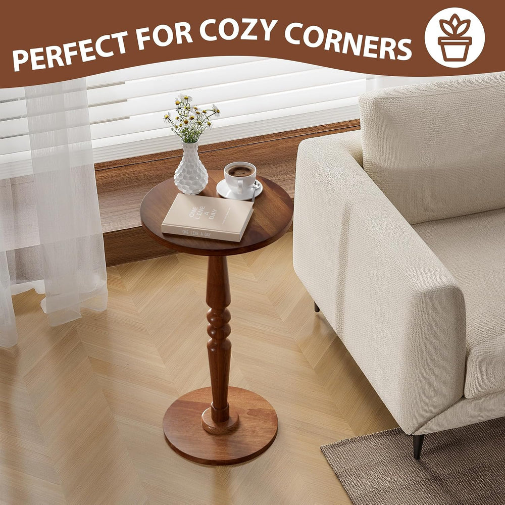 Small Wood Round Side Table - Accent Nightstand Pedestal Table for Living Roo...