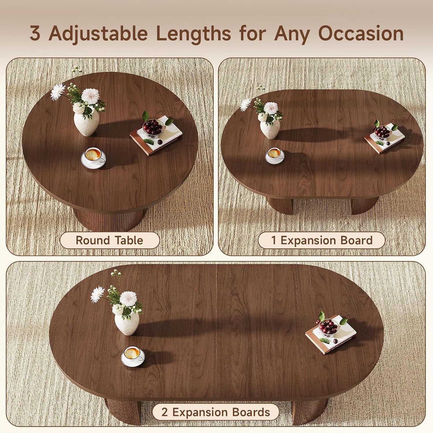 ONBRILL 41-78 Inch Extendable Dining Table for 4-8, Fluted Expandable Kitchen Table with Storage, 2 Leaf, Mid Century Modern Oval Dinner Tables for Dining Room, Kitchen, Living Room, Walnut