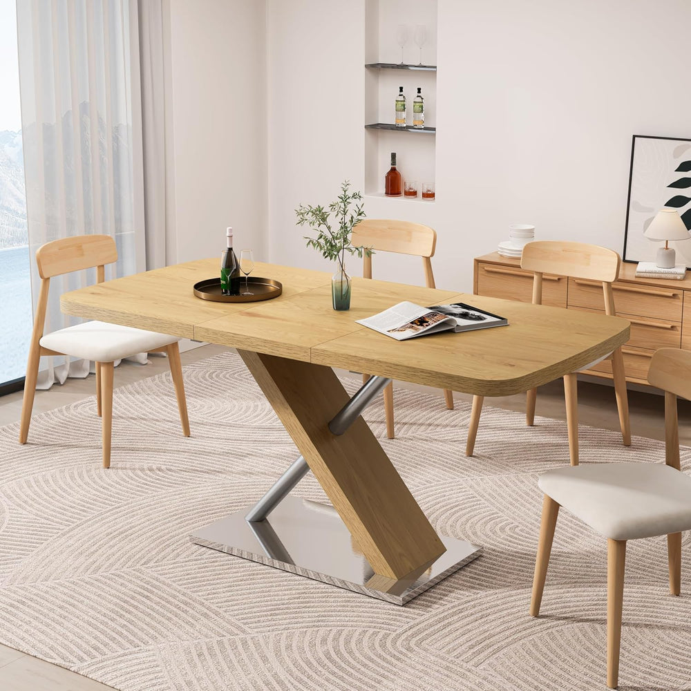 Expandable Natural Wood Dining Table for 4-6, Extendable 47-63 Inch Scratch-R...