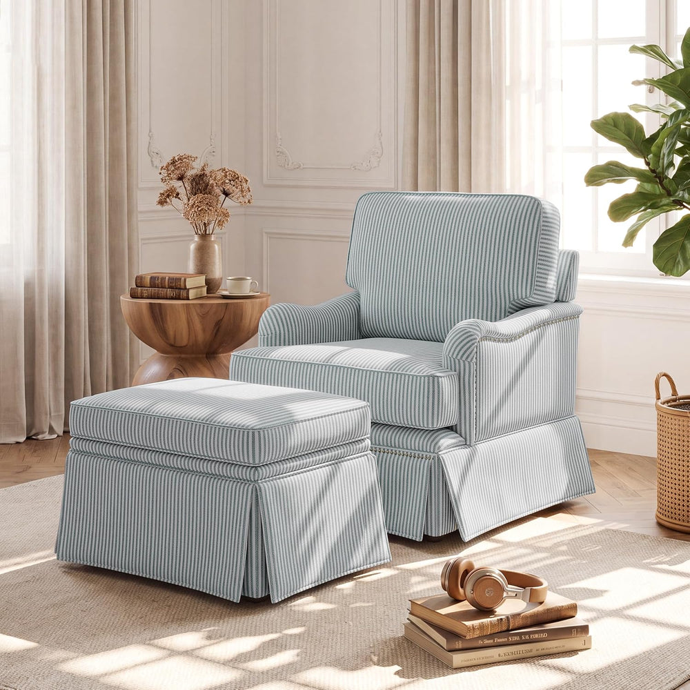 Swivel Accent Chair with Ottoman, Pinstripe Blue