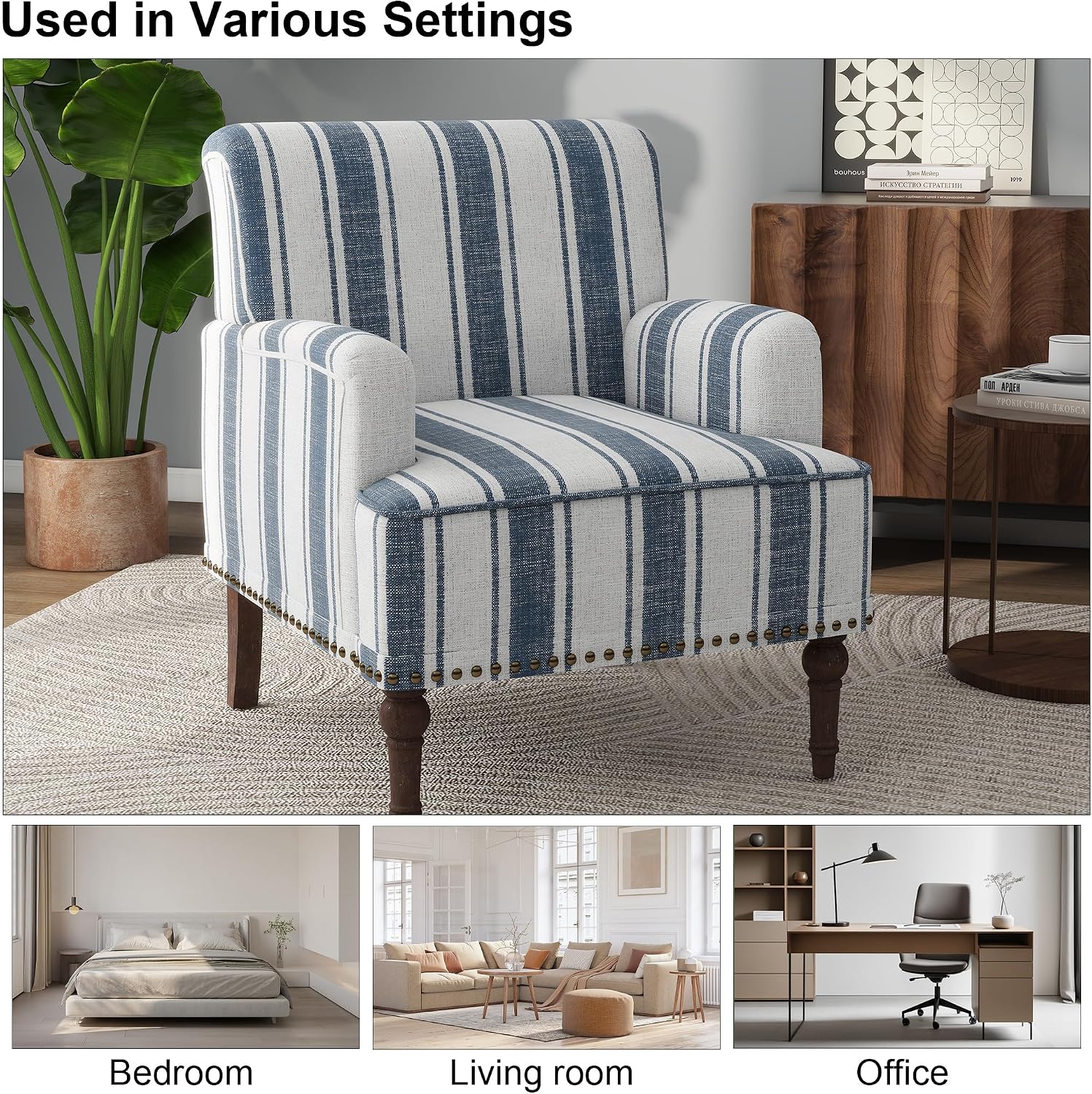 Accent Chair, Mid Century Modern Comfy Armchair for Living Room, Linen Fabric Single Sofa Lounge for Reading Bedroom Apartment Waiting Room with Wood Legs (Dark Blue Stripe, Set of 1)