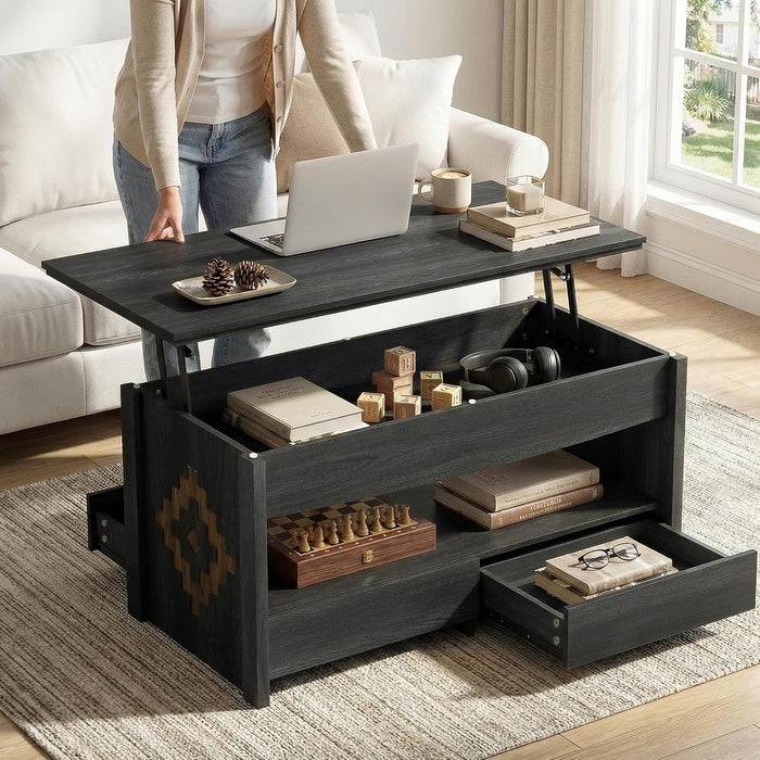 41" Coffee Tables for Living Room, Lift Top Coffee Table with 2 Drawers and 1 Hidden Compartment,1 Open Shelf,Global Style with Wooden Lift Tabletop,Black
