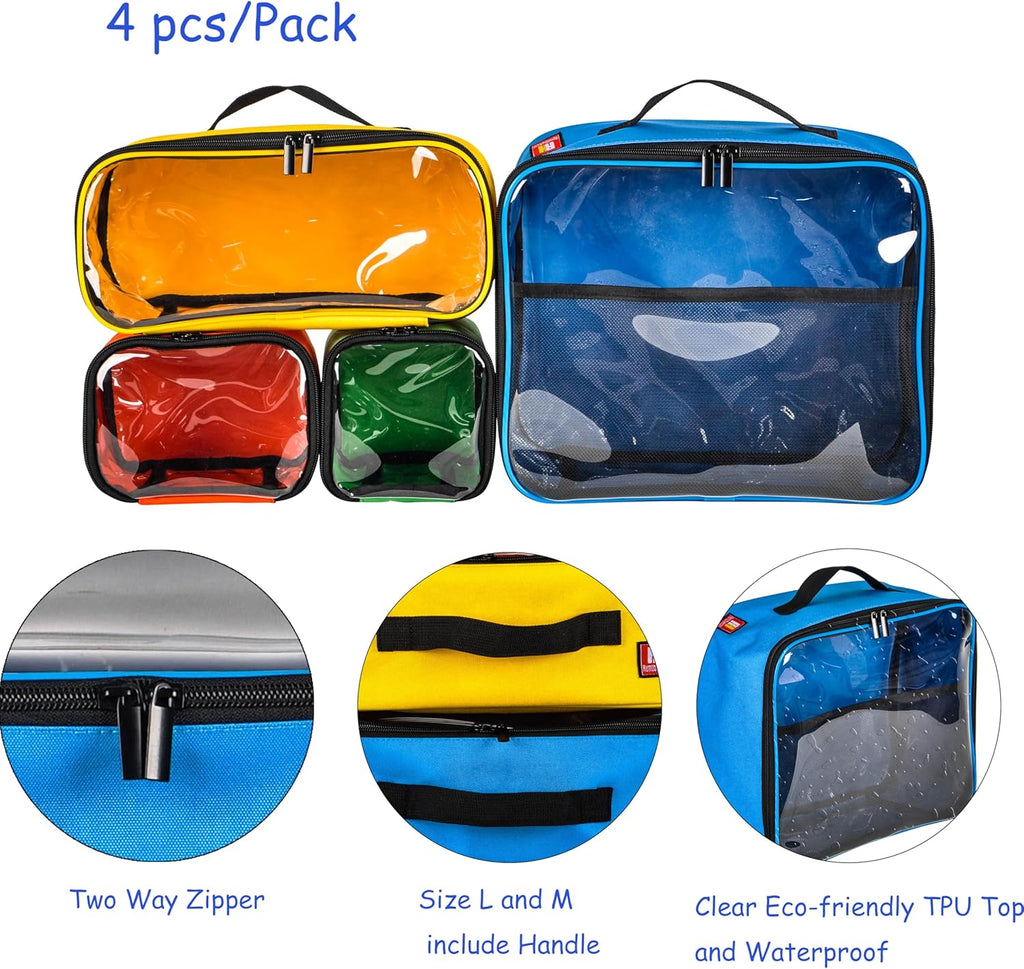4-piece Kids Toy Storage Organizer Set Bag for Toy Building Bricks with See Through Clear TPU Top, Small Toy Packing Cube Bags, Clean Up Container case(blank pattern)