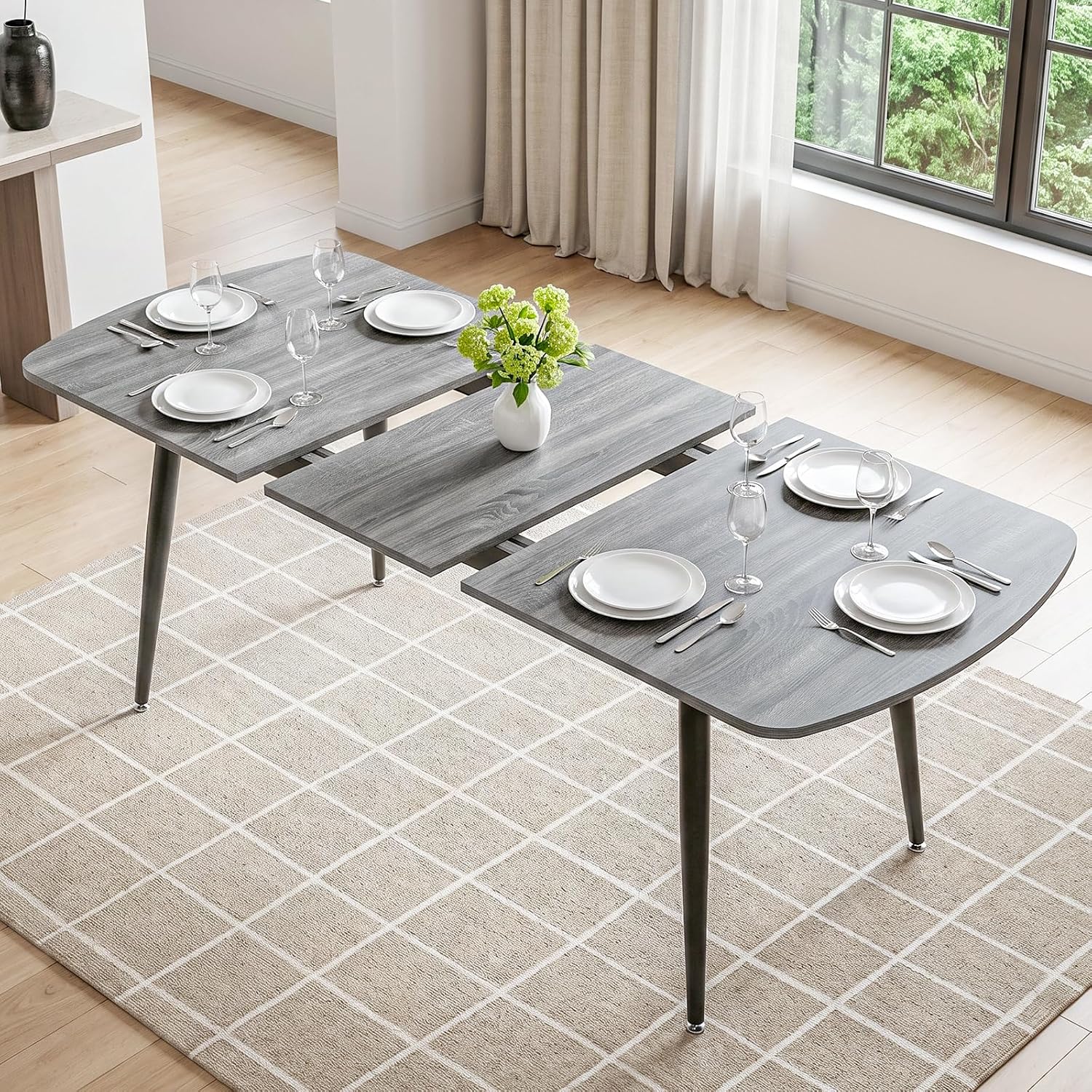 HIPIHOM Extendable Dining Table Set for 6, 55.1" to 70.87" Expandable Kitchen & Dining Room Table with 6 Upholstered PU Leather Chairs (Grey Table)