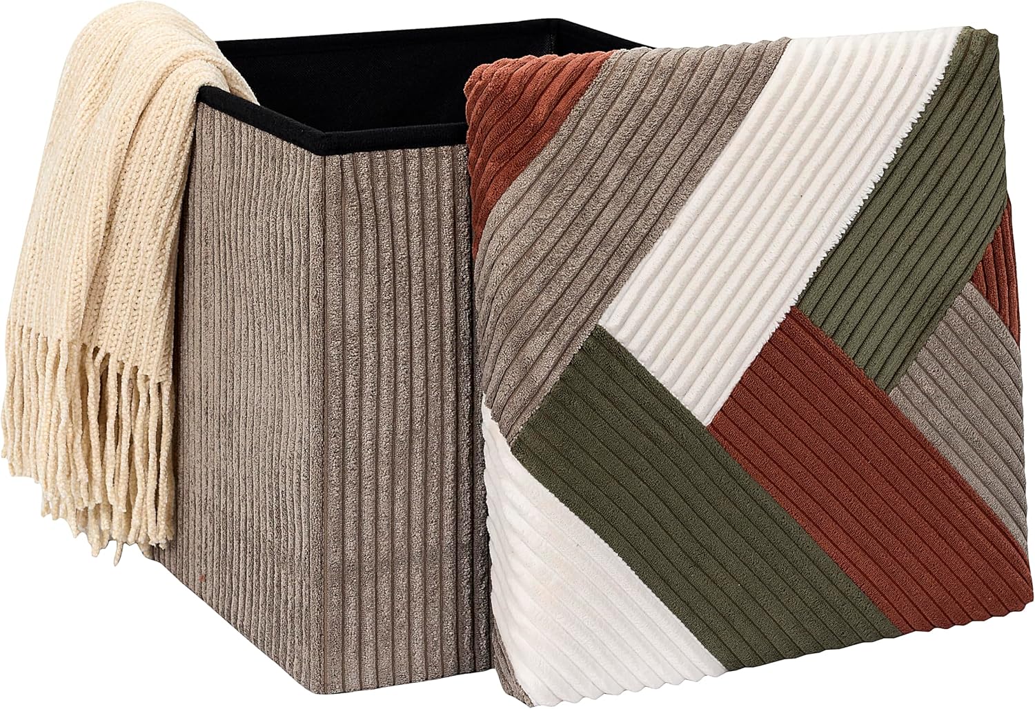 Home Deco Factory, HD0550 Multifunctional Ribbed Foldable Patchwork Pouf Chest Storage and Comfortable Seating Elegant Design Beige Grey Red Green 38 x 38 cm