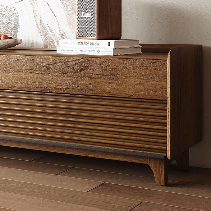 POVISON Fully-Assembled Mid Century Modern TV Stand with Legs, Wood Media Console with Adjustable LED Light, Entertainment Center with Storage for Living Room