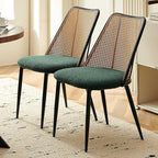 Green Dining Chairs Set of 4, Upholstered Home Kitchen Chairs Woven Rattan Back Boho Dining Room Chairs Comfortable with Metal Legs for Living Room Dining Hall