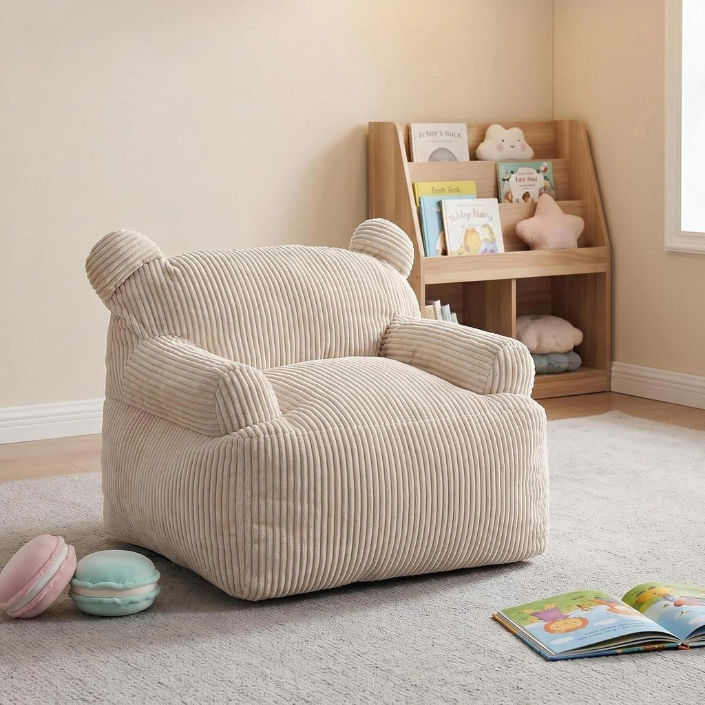 Kids Bear Ear Bean Bag Chair, Stuffed Toddler Sofa Chair with Pocket, Lazy Floor Chair for Boys and Girls, for Gaming, Reading, Nursery Playroom Bedroom