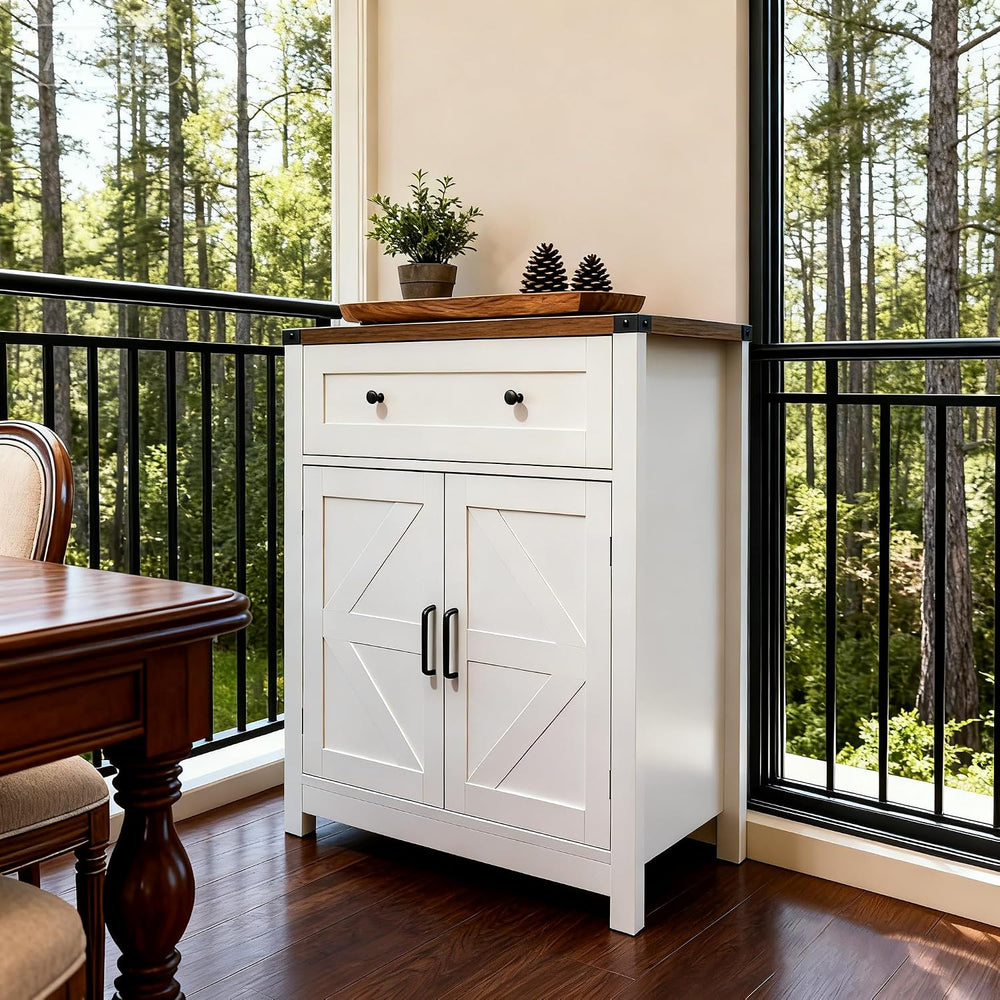Farmhouse Barn Door Storage Cabinet with Drawer, White Wood Grain Coffee Bar ...