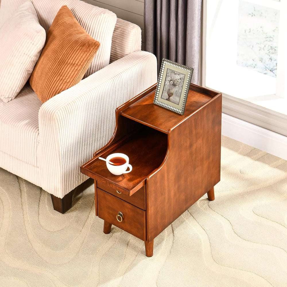Set of 2 Solid Wood Narrow Nightstand with 2 Drawers, Fully Assembled Skinny ...