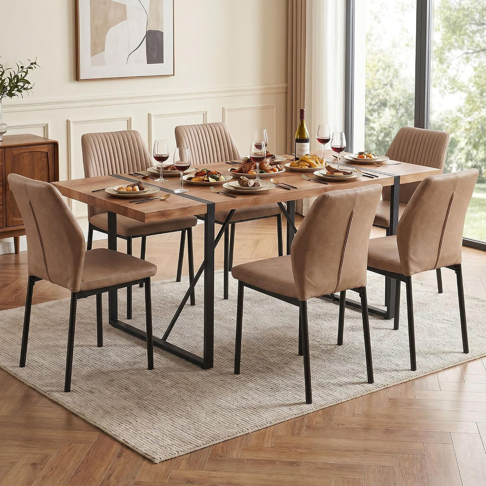 Dining Chairs Set of 6, Beige PU Leather Dining Chairs, Comfortable Upholster...