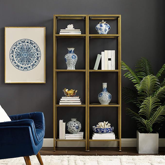 Crosley Furniture Aimee 2-Piece Bookshelf Set with Glass Shelves, Bookcase St...