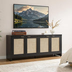 SICOTAS TV Stand for Living Room Boho Entertainment Center for Bedroom with 4 Rattan Cabinets Farmhouse Television Stands with Storage Large Media Console Table for TVs up to 65 Inch