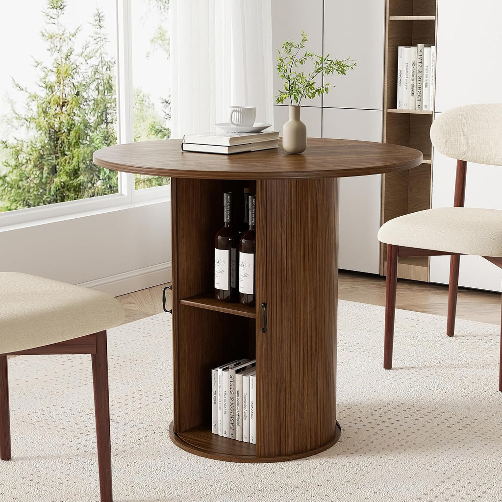 31.5 inch Round Dining Table for 2, Small Dinner Table with 2-Layer Storage Shelf, Morden Circle Kitchen Table with Wood Strip Base and Slide Door for Home Dining Room, Living Room, Walnut
