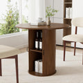 31.5 inch Round Dining Table for 2, Small Dinner Table with 2-Layer Storage Shelf, Morden Circle Kitchen Table with Wood Strip Base and Slide Door for Home Dining Room, Living Room, Walnut