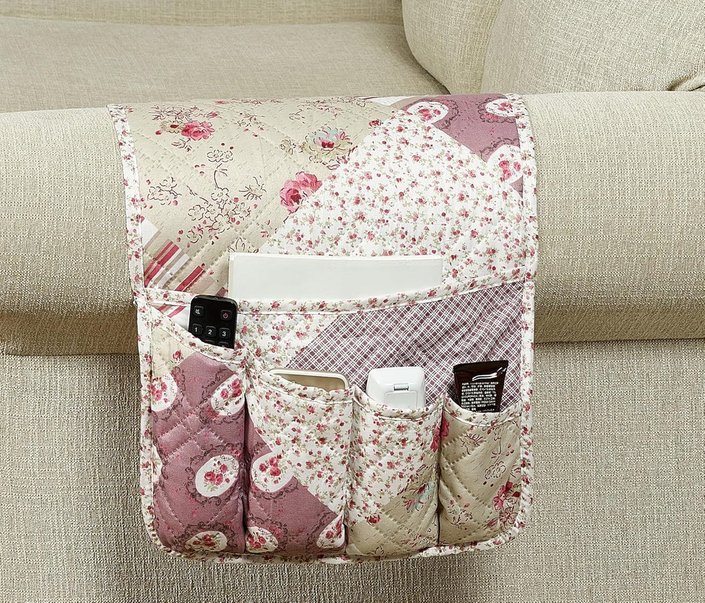Brilliant Sunshine Pink Rosette and Stripes Patchwork Couch Armrest 5 Pockets Organizer, Slip Resistant Armchair Caddy, Washable Remote Controls Holder, Storage for Magazine, Tablet, Phone, iPad, Rose