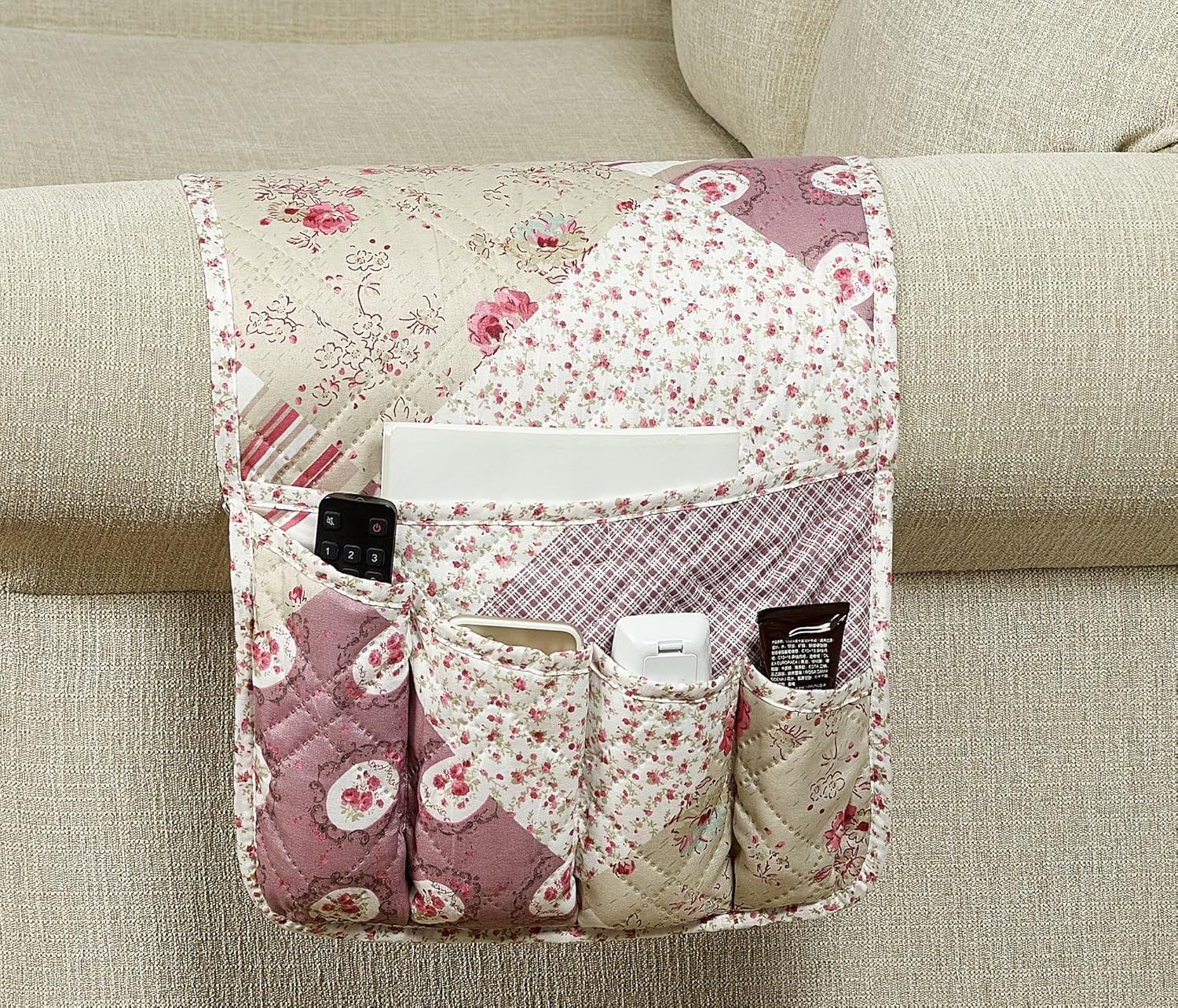 Brilliant Sunshine Pink Rosette and Stripes Patchwork Couch Armrest 5 Pockets Organizer, Slip Resistant Armchair Caddy, Washable Remote Controls Holder, Storage for Magazine, Tablet, Phone, iPad, Rose