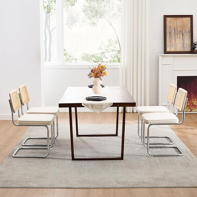 Zesthouse Natural Rattan Dining Chairs Set of 2, White Cesca Chairs with Cane Mesh & Stainless Chrome Base, Mid Century Modern Dining Room Chair, Upholstered Linen Kitchen Chair with Solid Wood Back