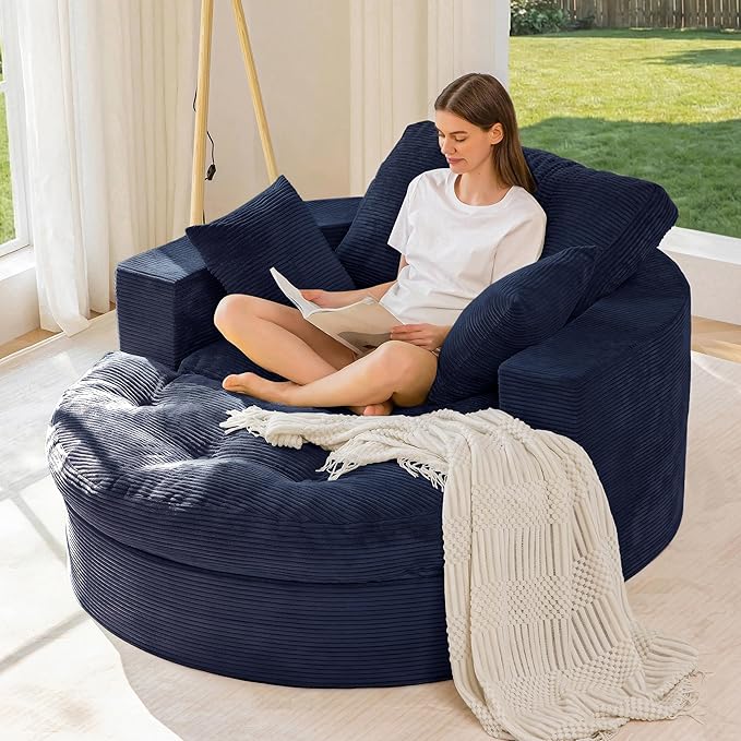 MAXYOYO Modular Sectional Chaise Lounge Sofa, Round Upholstered Lounge Chair with Ottoman, Comfy Couch with Layered Cushion, Tufted Sleeper Chair for Living Room, Navy