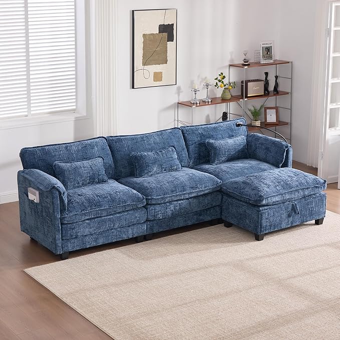 Ball & Cast Modular Sectional Sofa,L Shaped Couch with Movable Storage Ottoman,Chenille Upholstered Sofa W/USB Charging Port,Phone Holder and Side Pocket,for Living Room,Apartment,Navy,109"