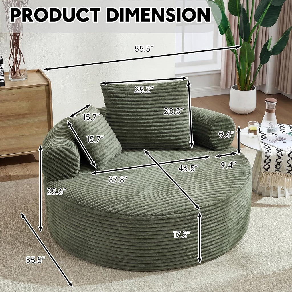 Oversized Round Chair Lounge Chaise Indoor, 55.5" Upholstered Corduroy Deep Seat Single Cloud Sofa Chair, Fluffy Modern Large Circle Boneless Sleeper Sofa for Living Room, Bedroom, Green