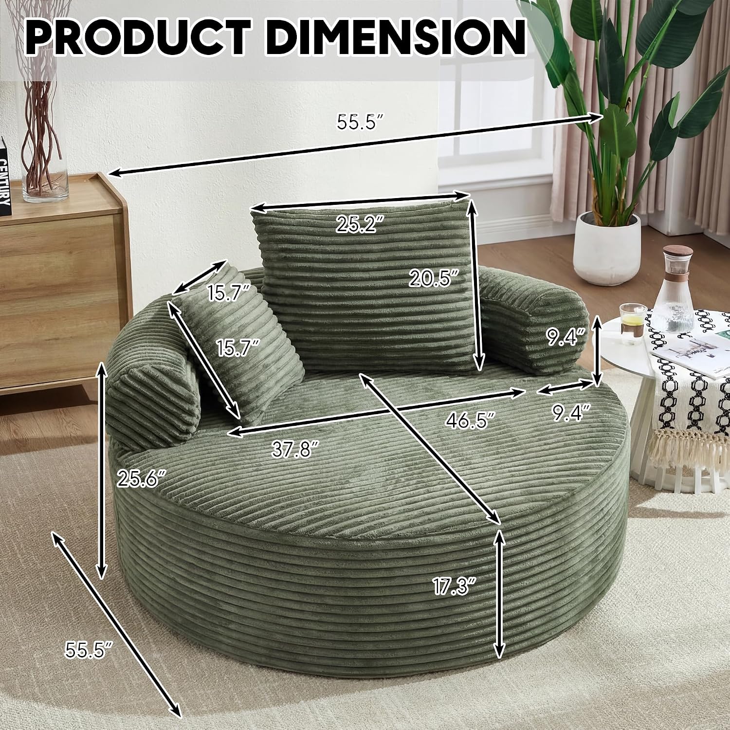 Oversized Round Chair Lounge Chaise Indoor, 55.5" Upholstered Corduroy Deep Seat Single Cloud Sofa Chair, Fluffy Modern Large Circle Boneless Sleeper Sofa for Living Room, Bedroom, Green