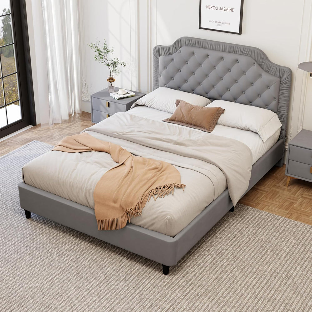 King Size Upholstered Bed with Ruched and Button Tufted Headboard, No Box Spr...