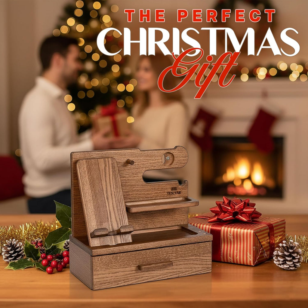 TESLYAR Wood Phone Docking Station with Drawer - Nightstand Organizer - Desk Organizer for Husband - Birthday Gifts for Men, Dad, Anniversary Idea, Key Holder Stand Watch & Accessories (Earth Beige)