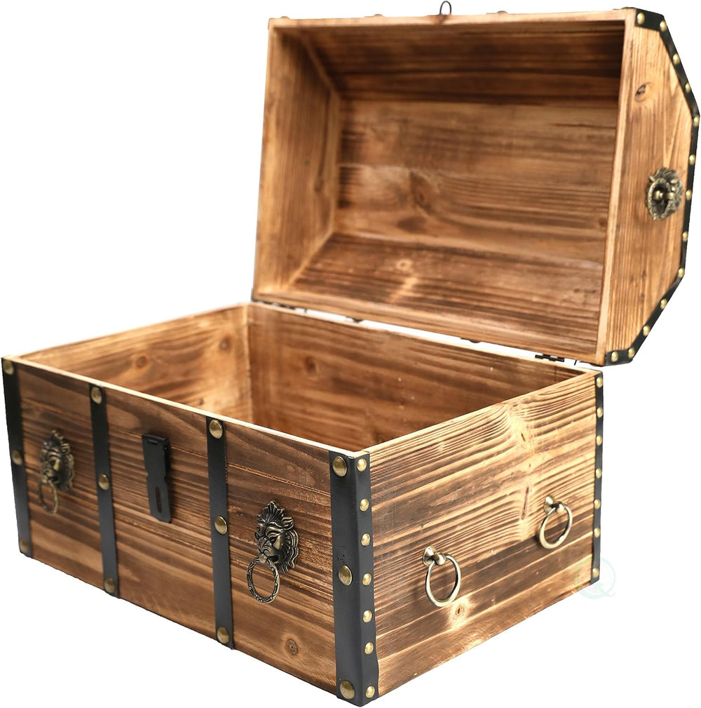Vintiquewise Wooden Treasure Chest Trunk Vintage-Style Storage Box with Leath...