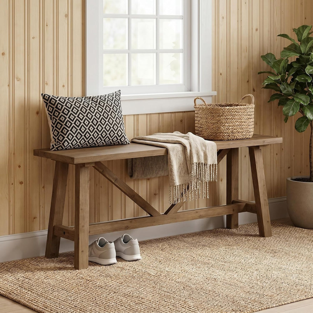 Wnutrees 43" Farmhouse Solid Wood Bench, Narrow Long Seat, Natural | Ent...