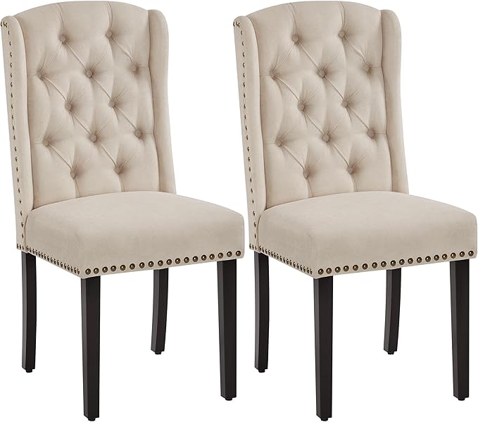 Yaheetech Upholstered Dining Chairs Set of 2 Button Tufted Kitchen Chairs with Solid Wood Legs and Nailhead Trims for Dining Room, Living Room, Restaurant, Beige