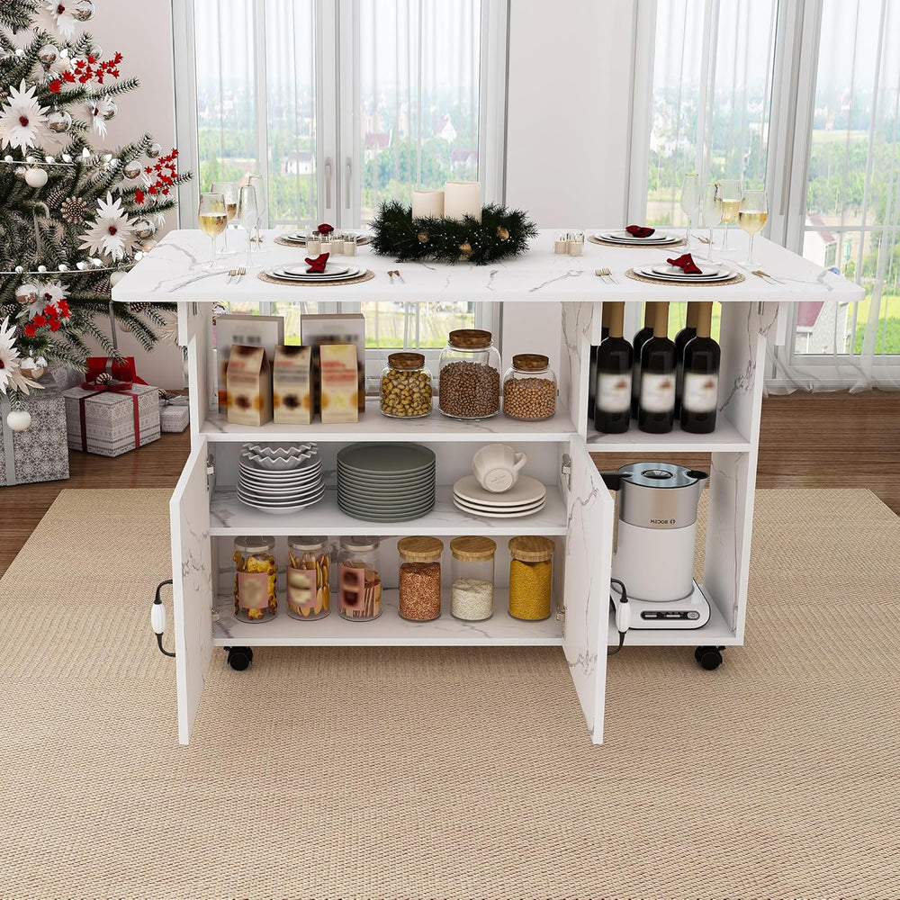 Multi-Functional Folding Dining Table Kitchen Island with Storage Shelves and...