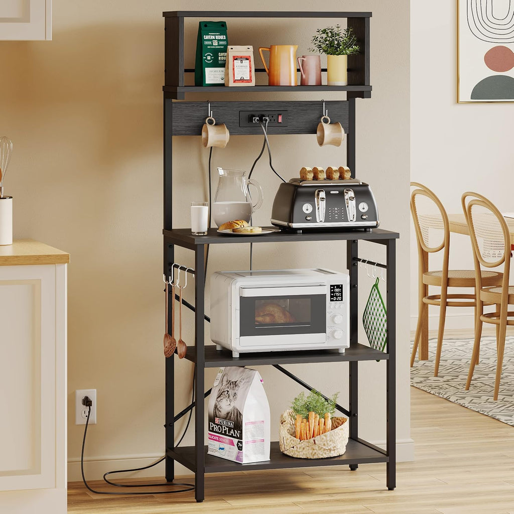 Bestier Bakers Rack with Power Outlet, Coffee Bar Table with Storage 5 Tiers, Standing Microwave Stand with 8 S-Shaped Hooks, Kitchen Storage Shelf Rack for Spices | Standing Microwave Stand with 8 S-Shaped Hooks, Kitchen Storage Shelf Rack for Spices