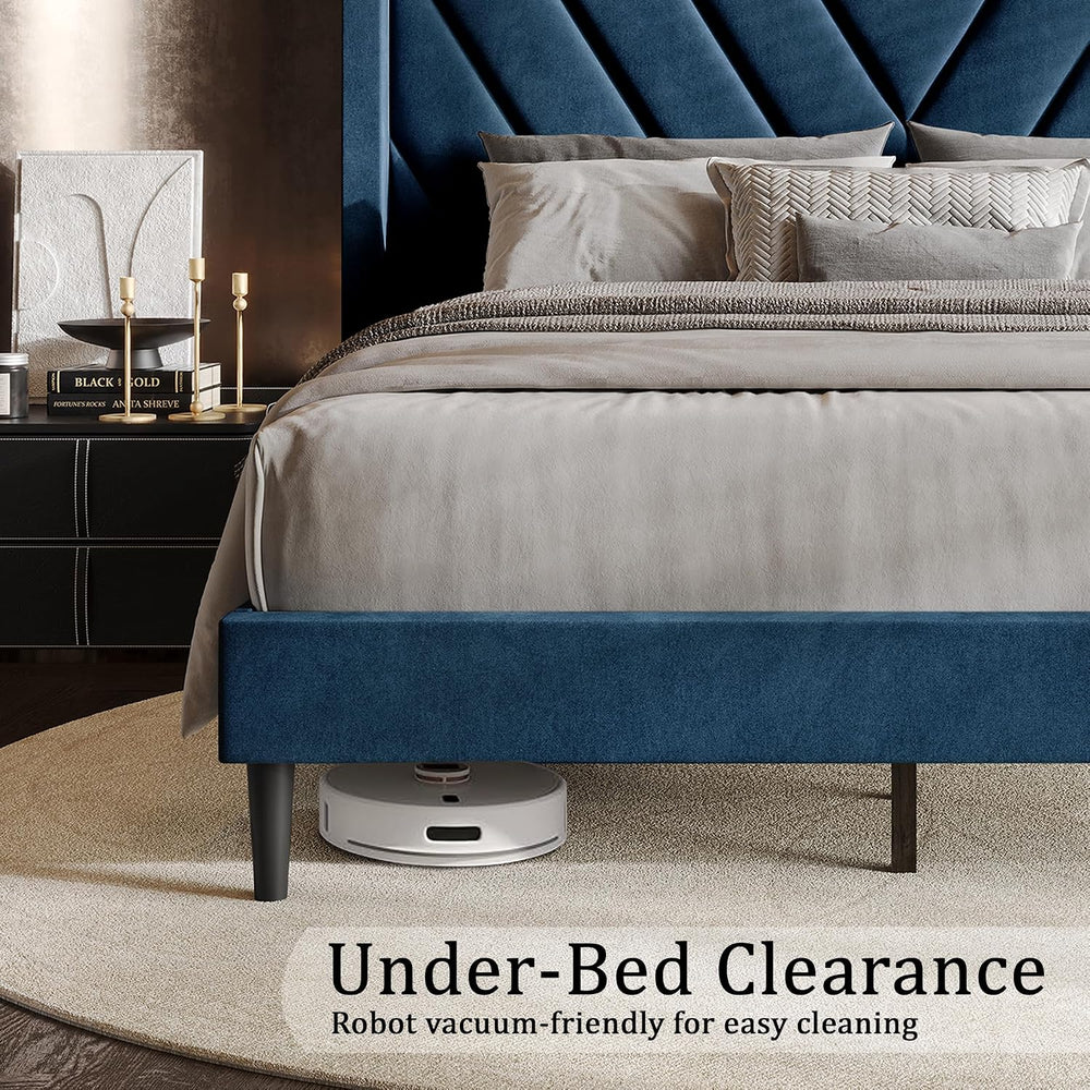 Queen Platform Bed Frame with Chevron-Stitched Wingback Headboard, Velvet Uph...