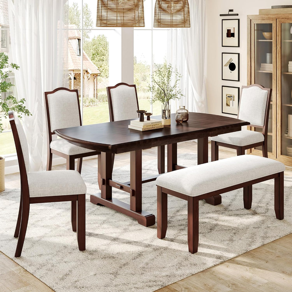P PURLOVE 6 Piece Dining Table Set, 60inch to 78inch Extendable Wood Kitchen Table with Removable Leaf, 4 Upholstered Side Chair and 1 Bench for 6 (Cherry)