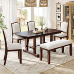 P PURLOVE 6 Piece Dining Table Set, 60inch to 78inch Extendable Wood Kitchen Table with Removable Leaf, 4 Upholstered Side Chair and 1 Bench for 6 (Cherry)