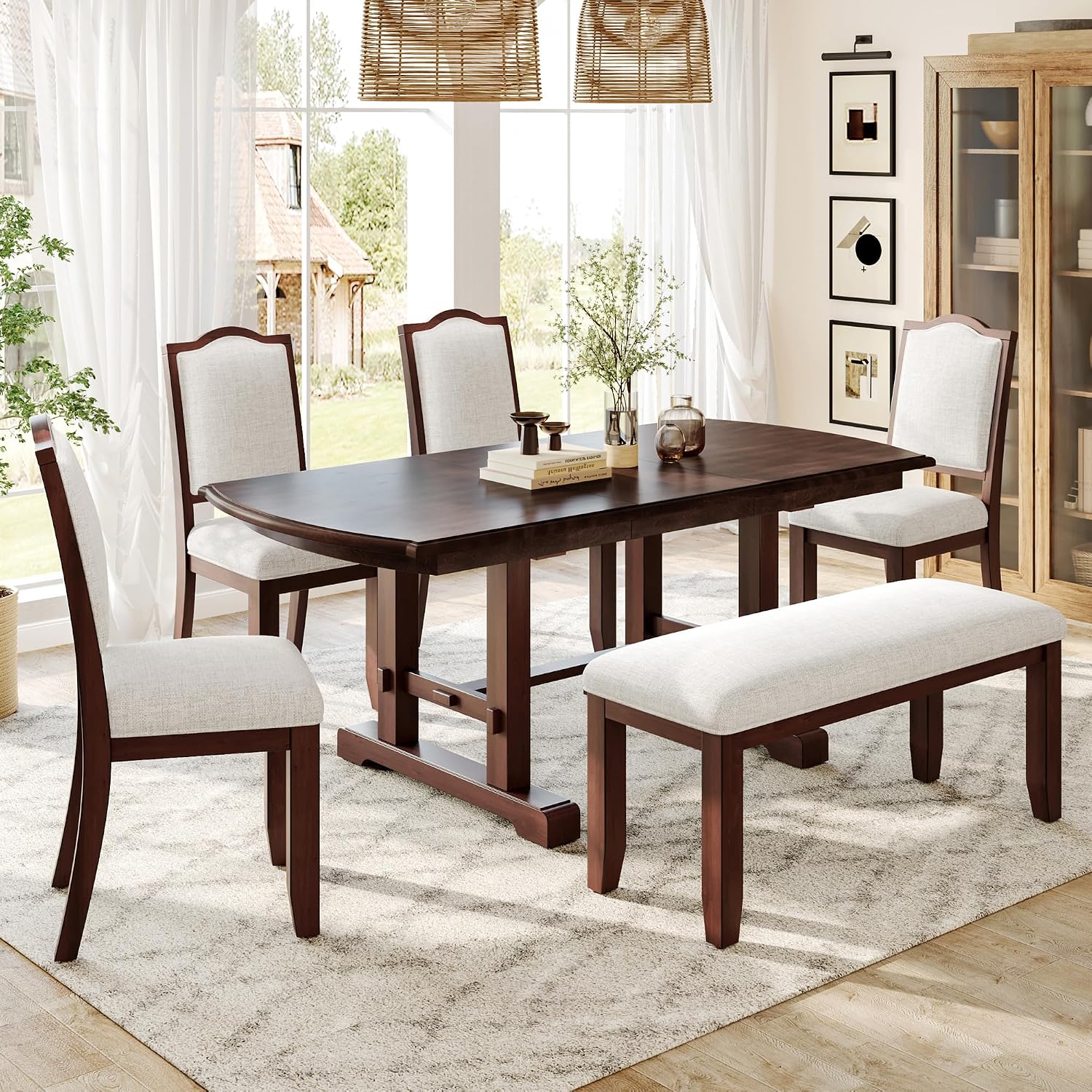 P PURLOVE 6 Piece Dining Table Set, 60inch to 78inch Extendable Wood Kitchen Table with Removable Leaf, 4 Upholstered Side Chair and 1 Bench for 6 (Cherry)