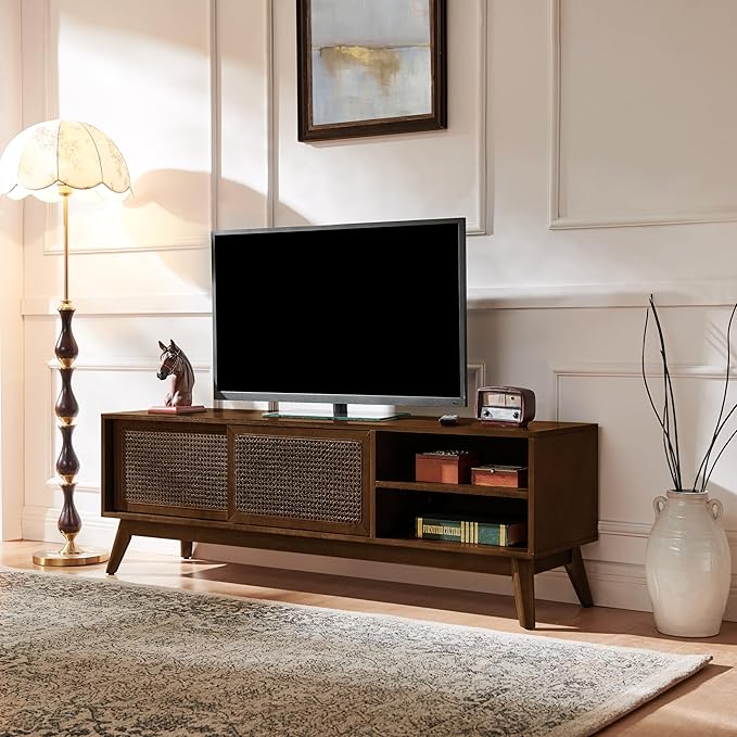 LKTART Boho Mid Century TV Stand,59" Rattan Entertainment Center,Media C...