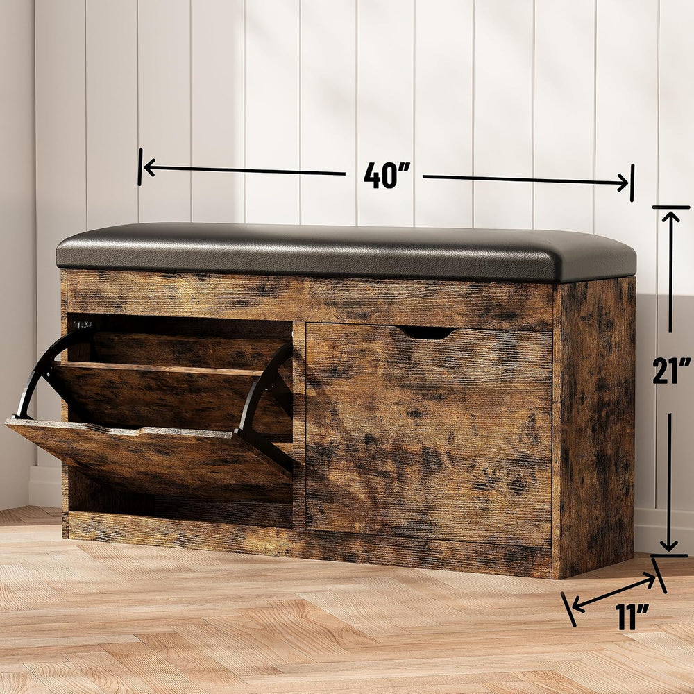 40" Shoe Storage Bench with 2 Flip Drawers & Padded Seat Cushion, Sh...
