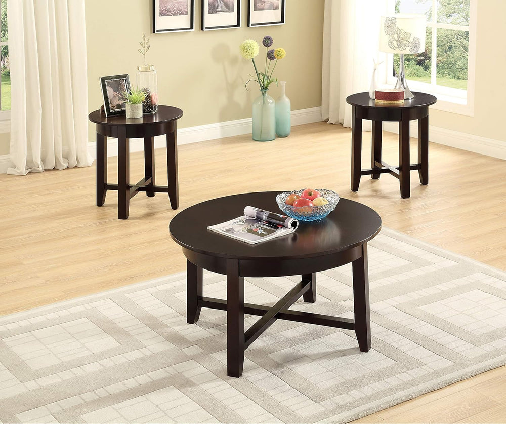 GTU Furntiure 3Pc Round Dark Brown Cocktail Living Room Coffee & End Tabl...