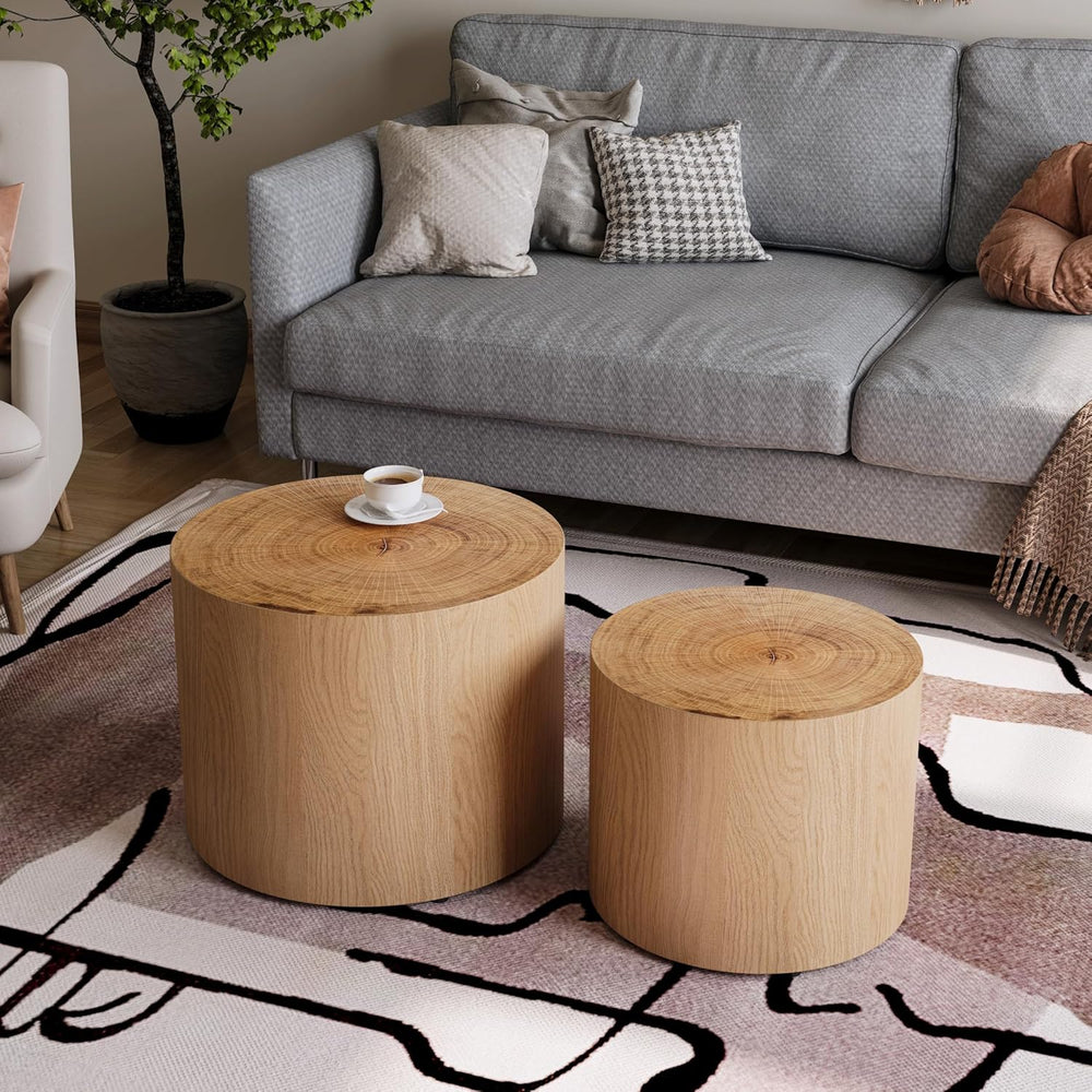 Nesting Coffee Table Set of 2, Modern Round Coffee Table, Wooden Circle Accen...