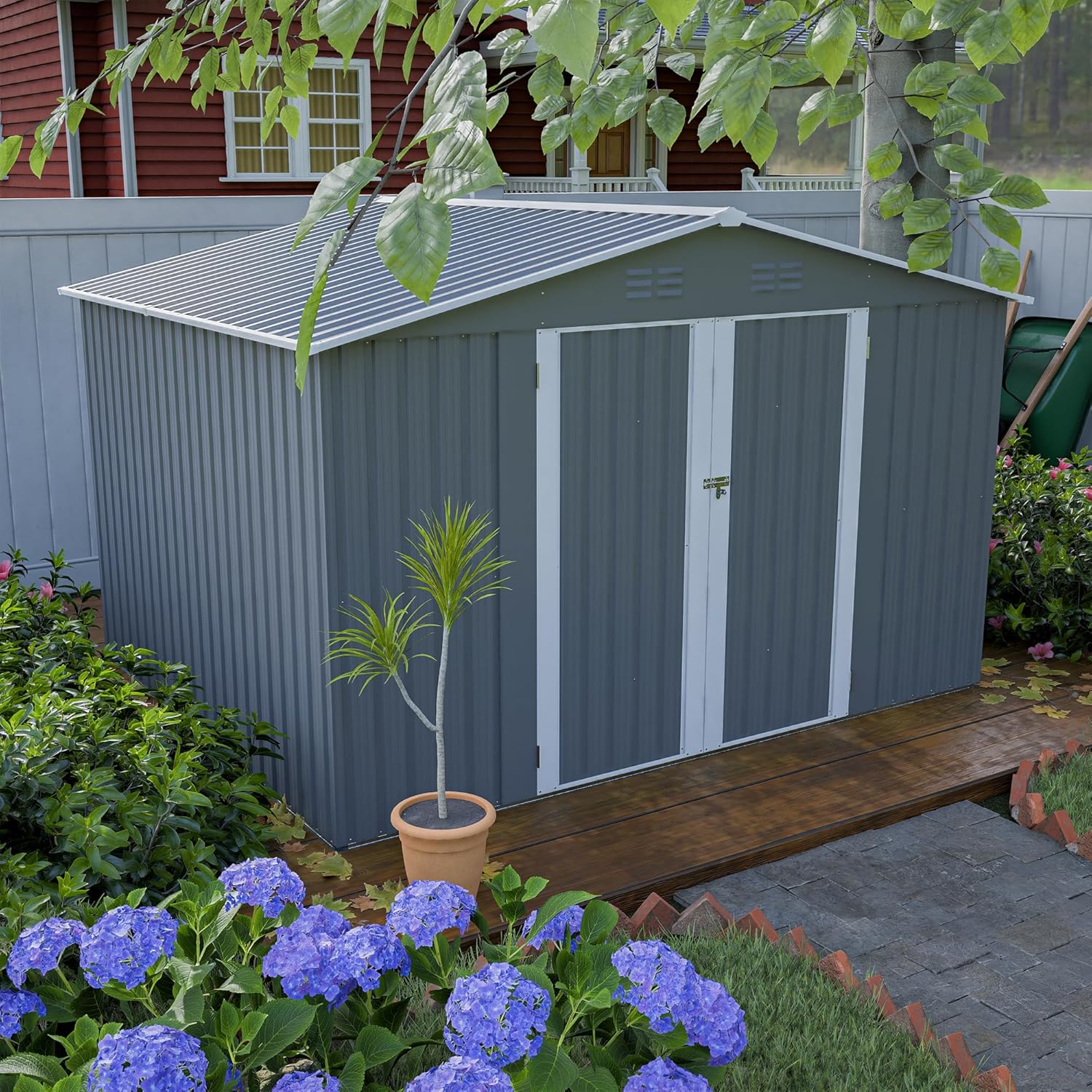 Metal Outdoor Storage Sheds 8 x 6 FT Lockable Metal Garden Shed Steel Anti-Corrosion Storage House with Double Lockable Door for Backyard Outdoor Patio