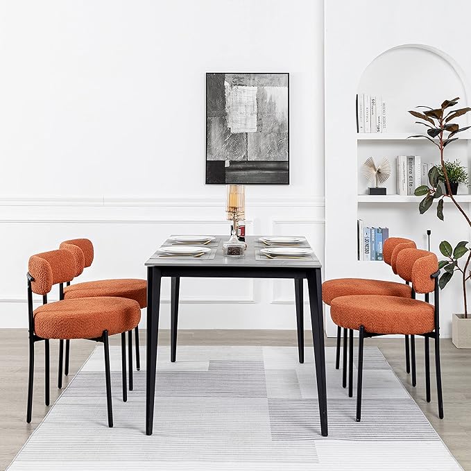 DYHOME Boucle Dining Chairs Set of 4, Upholstered Kitchen Dining Room Chairs, Side Chairs with Thick Cushions and Metal Legs for Kitchen Living Room, Orange